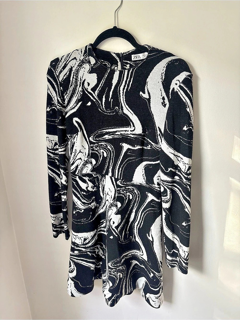 Zara Black and White Marble Pattern Long Sleeve Dress Black & White Small